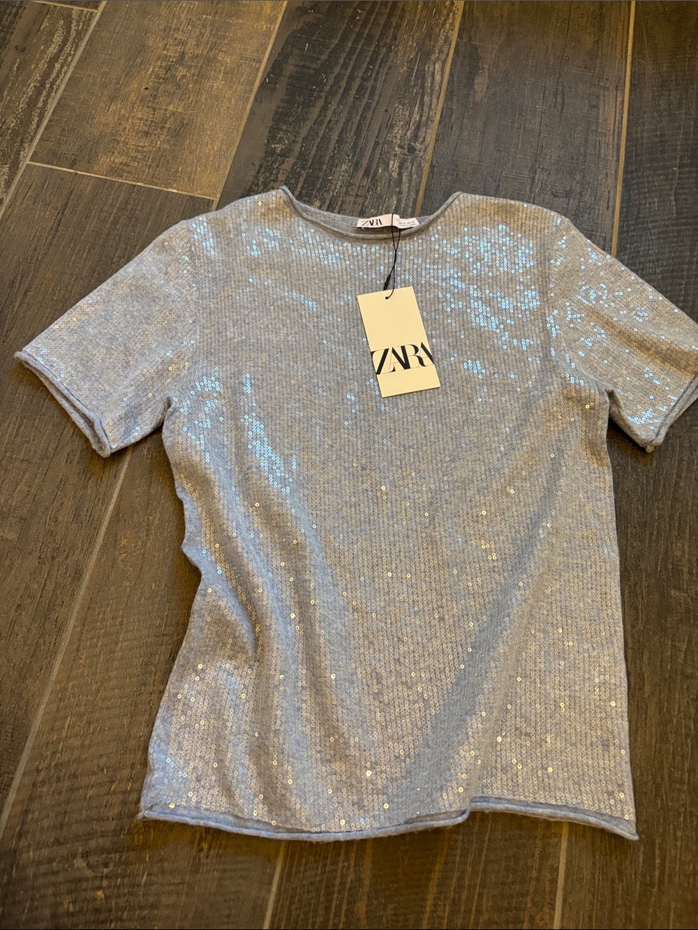 ZARA Kids Light Silver Sequin Short Sleeve Tee